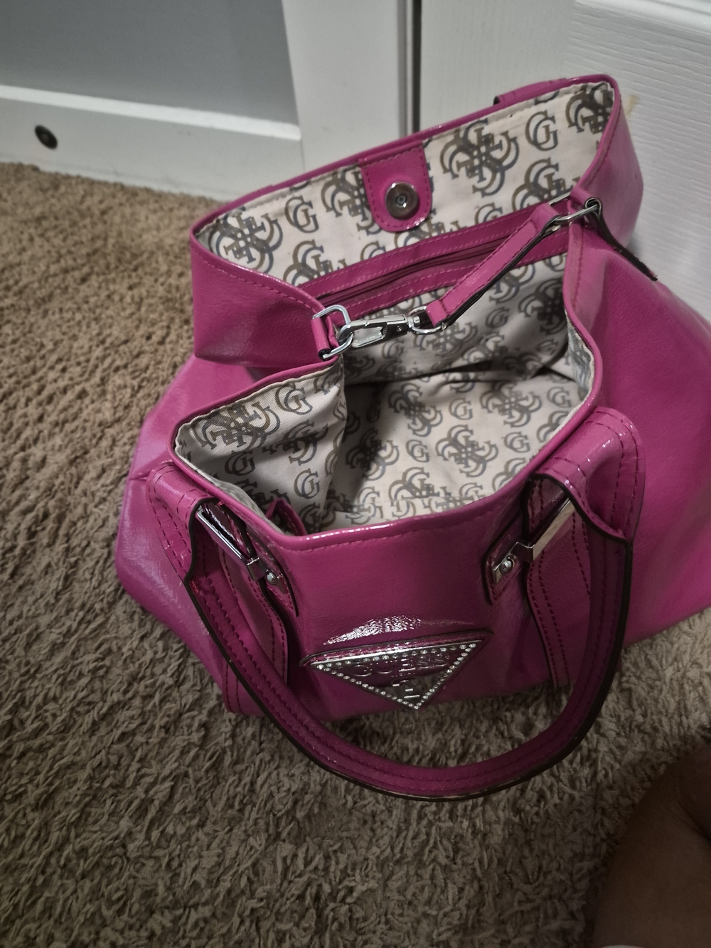 Guess Fuchsia Leather Shoulder Bag with Silver-Tone Accents